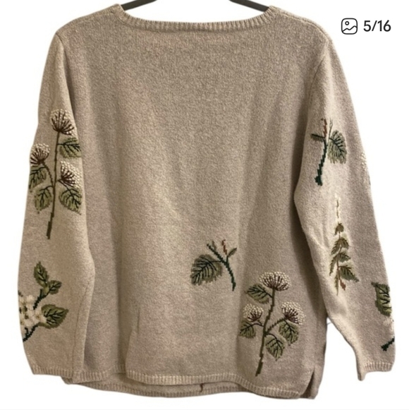 Coldwater Creek Linen Blend Embroidered Plants Leaves Beige Sweater Large - Picture 4 of 7